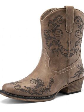 Women's Brown faux leather Cowgirl Boots Low Chunky Heels Toe Fall Short Shoes